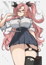 1girl absurdres alternate_costume asymmetrical_legwear bag black_choker black_skirt black_thighhighs breasts button_gap choker cleavage collared_shirt colored_nails commentary earrings english_commentary from_below green_eyes hair_between_eyes hair_ribbon heart heart_earrings highres holding holding_bag jewelry large_breasts long_hair long_nails mole mole_under_eye multicolored_nails nail_polish nicole_demara painted_nails pink_hair quadzlnw ribbon shirt skirt solo swept_bangs taut_clothes taut_shirt thigh_strap thighhighs thighs torn_clothes torn_thighhighs twintails very_long_hair white_shirt zenless_zone_zero