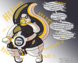 2019 absurd_res alpha_channel anthro belly big_belly blush bulge dialogue drone drone_suit drone_transformation droneification dronification english_text gas_mask gigglyyeenuki glistening hi_res humiliation koebi lock lutrine male mammal mask mustelid offscreen_character overweight rubber simple_background solo speech_bubble story story_in_description text transformation transparent_background url yellow_eyes yellow_nose