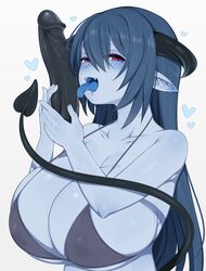 2019 big_breasts bikini bikini_top blue_body blue_hair blue_skin blue_tongue bodily_fluids breasts cleavage clothed clothing demon dildo dildo_lick fangs female hair heart hi_res horns huge_breasts humanoid humanoid_pointy_ears licking mofuaki oral red_eyes saliva sex_toy simple_background solo spade_tail succubus swimwear tongue tongue_out white_background