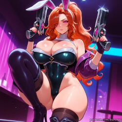 kurorgy ai_generated miss_fortune league_of_legends 1girl breasts weapon gun animal_ears solo thighhighs cleavage leotard gloves thigh_boots rabbit_ears high_heels looking_at_viewer jacket boots thighs bare_shoulders covered_navel fingerless_gloves holding_gun long_hair large_breasts blush high_heel_boots highleg parted_lips pink_nails cameltoe pink_eyes bangs handgun orange_hair purple_jacket highleg_leotard fake_animal_ears ponytail skindentation