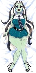 belt bicolored_hair black_and_white_hair black_hair black_heels blue_eye blue_eyes bolts checkered_clothes checkered_dress checkered_skirt dakimakura dakimakura_design dress dressed female frankie_stein front_view full_body green-skinned_female green_eye green_eyes green_skin green_skinned_female gritted_teeth heels heterochromia high_heels jose12mexico knees_together knees_together_feet_apart light_green_skin lightning_bolt_symbol long_fingernails long_hair long_nails looking_at_viewer monster monster_girl monster_high neck necktie nervous nervous_smile pigeon-toed red_fingernails red_lipstick red_nail_polish red_nails signature skull_print smile smiling_at_viewer solo standing stitched_arms stitched_legs stitched_neck stitches striped_hair studded_belt two_tone_hair undead_female undead_girl vertical_striped_hair white_hair