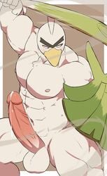 1boy abs anthro anthrofied avian bara beak blush bodily_fluids brown_eyes dripping eyebrows food genital_fluids head_crest hi_res holding_object humanoid_genitalia humanoid_penis leek male melee_weapon muscular muscular_male navel nintendo nude onion pecs penis plant pokémon_(species) pokemon pokemon_sm pokemorph precum precum_drip shield sirfetch'd solo sword testicles unibrow vegetable video_games weapon white_body white_feathers white_outline yellow_beak yoshizaurusu_n