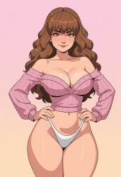 ai_generated pinup harry_potter hermione_granger 1girls clothing sweater cleavage breasts perky_breasts panties thong curvy thick_thighs slim_waist brown_hair brown_eyes long_hair curly_hair wavy_hair smile hands_on_hips curvy_figure