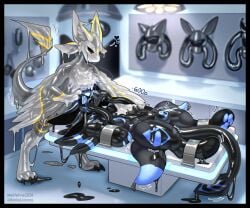 2026 3_toes animate_inanimate anthro avali avii_cinderfeather bdsm biped black_body black_claws blue_body blue_claws blue_pawpads bondage bound bulge canid canine claws detailed_background digital_media_(artwork) dipstick_tail drone dronification duo feathered_wings feathers feet fox gas_mask grey_body heart_symbol hi_res hypnosis inner_ear_fluff latex liquid_latex living_plushie lock lock_bulge long_tail lying maefeline male mammal markings mask mind_control multi_ear multi_tail multicolored_body nonbinary_(lore) on_back pawpads paws plushie restrained restraints signature smile standing striped_body striped_markings striped_tail stripes tail tail_markings text toes transformation tuft two_tone_body two_tone_tail visor winged_arms wings yellow_body