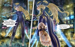 bel_(beltorchika12) beltorchika12 hasegawakein blue_eyes blonde_hair blonde_female headpiece bodysuit blue_bodysuit gold_trim barefoot no_shoes city_background night_sky night giantess macro macro_female giantess_feet giant_female destruction tinies tiny_male stepped_on tied_to_foot foot_fetish feet foot_focus text text_bubble dialogue dialogue_bubble dirty_feet