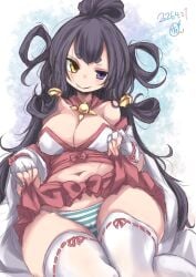 :> black_hair blush curvy dated heterochromia japanese_clothes large_breasts original original_character signature skirt_lift striped_panties thick_thighs wide_hips