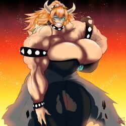 abs biceps blonde_hair bowsette breasts dotintheparadox dress female horns mario_(series) muscles muscular muscular_arms muscular_female muscular_legs muscular_thighs nintendo pecs spikes