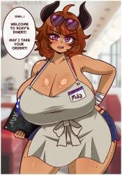 1girls american_flag_bikini apron bandage_wraps booty_shorts breasts brown_hair demon demon_girl demon_horns dialogue diner female freckles freckles_on_breasts freckles_on_face freckles_on_thighs horns huge_breasts menu menu_board mila_(seireiart) name_tag original seireiart sunglasses tan_body thick_thighs waitress_uniform