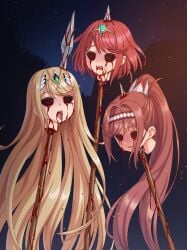 3girls bad_end beheaded blonde_hair blood_on_face broiler brown_hair corpse death decapitation execution female glimmer_(xenoblade) gore guro headband high_ponytail long_hair mouth_open mythra necrophilia night nintendo no_eyes on_display ponytail punishment pyra red_hair severed_head short_hair skewer tiara tongue trophy_head very_long_hair xenoblade_(series) xenoblade_chronicles_2 xenoblade_chronicles_3 xenoblade_chronicles_3:_future_redeemed