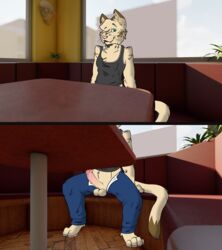 anthro bloodhawk diner domestic_cat erection felid feline felis foreskin genitals hi_res humanoid_genitalia humanoid_penis male male_only mammal penis public_nudity solo uncut under_the_table