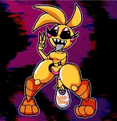 1girls animatronic beakless blurry_background breasts eyelashes eyeshadow female_only five_nights_at_freddy's five_nights_at_freddy's_2 five_nights_at_frickbears five_nights_at_frickbears_3 fnaf heart-shaped_pupils ilterpng no_nipples peace_sign pink_panties robot_girl rosy_cheeks scottgames sharp_teeth slim_waist standing thick_thighs thighs tongue_out top_removed topless toy_chica_(fnaf) yellow_hair yellow_skin