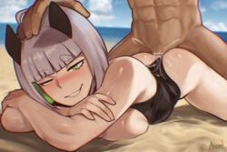 1boy 1girls abs abscord ambiguous_penetration beach beach_background big_breasts biting_lip biting_own_lip blush blushing breasts breasts_out cum cum_inside eloise_(the_atko) eyebrows_visible_through_hair female female_focus female_penetrated from_behind green_eyes hand_on_another's_head light-skinned_female light_skin looking_at_viewer lying lying_on_stomach male male_penetrating male_penetrating_female medium_hair ocean on_stomach original outdoor_sex outdoors outside prone_bone sand sex sex_from_behind straight swimsuit swimsuit_aside unseen_male_face white_hair