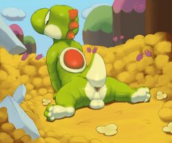 1boy absurd_res anthro anus backsack balls blue_eyes cloud dinosaur feet flower furry furry_male furry_only genitals glibnel green_yoshi hi_res looking_back male male_only mario_(series) nintendo outside plant presenting presenting_anus reptile rock scalie shell solo solo_female solo_focus yoshi
