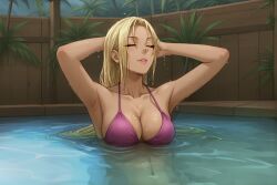 kuutei_senki gina_benvesta harrenhaler ai_assisted ai_generated 1girl solo_female eyes_closed tsurime long_hair blonde_hair wet wet_hair wet_skin bikini smile water in_water pool swimming_pool big_boobs big_breasts tanned tanned_skin tan_skinned tan_skinned_female olive_skin partially_submerged partially_underwater plant water_drop navel