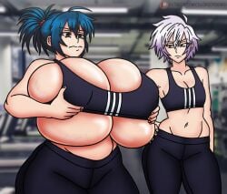 2girls absurdres blue_hair breasts bursting_breasts cleavage coloredyiddies curvy female_focus gigantic_breasts grabbing_own_breast hand_on_own_hip highres manyuu_chifusa manyuu_hikenchou manyuu_kagefusa medium_support_(meme) multiple_girls navel ponytail short_hair skindentation small_breasts sports_bra underboob veins veiny_breasts white_hair wide_hips yellow_eyes
