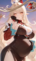 1girls big breasts black gloves blonde hair blush brown eyes cleavage female only finger to mouth grin large long looking at viewer one eye closed pointy ears smile solo sweat thick upper body voluptuous pregnant pregnant_female pregnant_belly alice_(genshin_impact) genshin_impact ai_generated