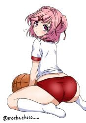 1girl :< ass basket blush buruma commentary_request doki_doki_literature_club gym_shirt gym_uniform hair_ornament hair_ribbon highres looking_at_viewer matching_hair/eyes mochachoco natsuki_(doki_doki_literature_club) pink_eyes pink_hair red_buruma red_ribbon ribbon shirt short_hair short_sleeves simple_background sitting socks solo thighs twitter_username wariza white_background white_shirt white_socks x_hair_ornament