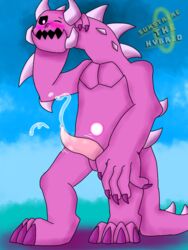 3:4 alien alien_humanoid anthro black_sclera blush bodily_fluids cartoon_network claws confusion corrupted_gem cum cumshot ejaculation fangs furry gem_(species) genital_fluids glowing glowing_eyes humanoid male male_only monster_steven one_eye_closed pink_body scalie scalie_penis sharp_teeth shy solo spikes steven_quartz_universe steven_universe sunstrikethehybrid tagme teeth