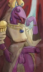2026 5_fingers anthro aroused_face balls bell_hat big_balls big_penis bodily_fluids bracelet clothed clothing clothing_aside curtains detailed_background digital_drawing_(artwork) digital_media_(artwork) drooling duel_monster epaulet erection fangs fingers foreskin front_view gem genitals glans gold_(metal) gold_bracelet gold_jewelry gold_necklace headdress headgear headwear hi_res humanoid_genitalia humanoid_penis jewelry lizard looking_at_viewer male musk musk_cloud narrowed_eyes necklace nobodyshouse open_mouth open_smile orion_the_battle_king penis pervy_squint purple_balls purple_body purple_glans purple_penis purple_skin reptile retracted_foreskin robe saliva scalie smile solo squint standing tan_clothing tan_headwear tan_robe teeth tongue tongue_out yu-gi-oh!