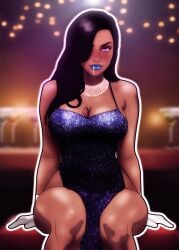 1girls alcohol big_breasts black_hair blue_lipstick blueshift_(polmanning) blurred_background blush breasts brown_skin cleavage cocktail_dress cocktail_glass condom_wrapper cum cum_in_mouth cum_on_lips cum_overflow dark-skinned_female dark-skinned_male date dating eyes_rolling_back fanart female first_date gingiensfw glowing_eyes hypnosis implied_oral large_ass looking_at_viewer mind_control necklace oc original_character polmanning pov pov_eye_contact public_sex purple_eyes sparkles straight superhero sweaty tan_skin unmasked white_gloves
