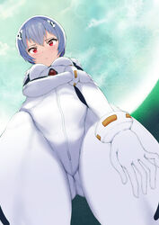 1girls big_breasts blue_hair blush bodysuit breasts cameltoe clothing embarrassed expressionless female female_only human interface_headset looking_down medium_breasts moon neon_genesis_evangelion pale-skinned_female pale_skin pilot_suit plugsuit red_eyes rei_ayanami short_hair skj_77o solo solo_female solo_focus thick_thighs worm's-eye_view