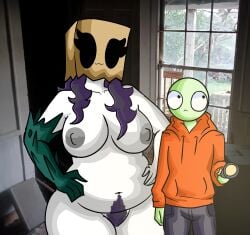 1girl1boy bald bald_male belly belly_button black_eyes breasts bushy_pubes carpet_matching_drapes chetoh chubby chubby_female claire_(chetoh) close_(chetoh) clothed clothed_male commission commissioner_upload completely_naked completely_naked_female completely_nude completely_nude_female craig_(chetoh) egg female female_pubic_hair flashlight fusion_character green_arm green_skin grey_nipples hair hands_on_hips happy_trail height_difference hoodie jeans naked naked_female nipples nude nude_female oc orange_hoodie original original_character original_characters paper_bag paper_bag_on_head photo_background plant_arm pubic_hair purple_hair pussy rose_(chetoh) scared scared_expression shorter_male standing_behind taller_female white_body