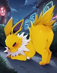 ai_generated ass_up black_eyes canine eeveelution expecting feral inviting_to_sex jolteon looking_back mammal mr.mawile naughty_face outdoors paws pokemon pokemon_(species) quadruped spiked_hair spiked_tail white_fur yellow_fur