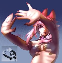 armpits blush bow brawl_stars breasts choker featureless_breasts fit fit_female hands_casting_shadow headgear long_hair looking_at_viewer melodie_(brawl_stars) no_nipples north_string nude nude_female pink_eyes pink_hair reference_image shadow slim_waist small_breasts tied_hair twitter_trend