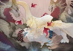 2026 anal anal_penetration animal_genitalia animal_penis blue_eyes blue_penis blue_tongue bodily_fluids capcom censor_bar censored censored_genitalia censored_penis claws colored cum cum_on_face detailed digital_drawing_(artwork) digital_media_(artwork) ejaculation elder_dragon erection fellatio feral flying genital_fluids genitals grey_body grey_scales group group_sex hand_on_head hi_res horn ibuki_shione knot knotted_penis male male/male malzeno membrane_(anatomy) monster_hunter open_mouth oral outside_sex penetration penile penis primordial_malzeno qurio red_body red_eyes scales scalie sex tapering_penis threesome tongue tongue_out white_body white_scales yellow_horn