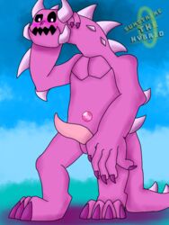 3:4 alien alien_humanoid anthro black_sclera blush cartoon_network claws confusion corrupted_gem fangs gem_(species) genitals glowing glowing_eyes humanoid male male_only monster_steven penis pink_body scalie scalie_penis sharp_teeth solo spikes steven_quartz_universe steven_universe sunstrikethehybrid tagme teeth