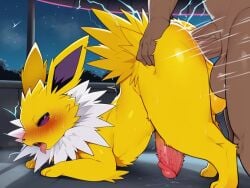 2boys ai_generated anal anal_penetration anal_sex ass_up beastiality big_balls big_cock big_penis black_eyes canine dark-skinned_male eeveelution electricity expecting feral heavy_blush huge_cock interspecies jolteon looking_back male_on_feral mammal mr.mawile naughty_face open_mouth outdoors paws pokemon pokemon_(species) quadruped spiked_hair spiked_tail tongue_out veiny_penis white_fur yaoi yellow_fur