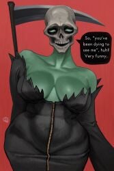 bare_shoulders breasts chubby cleavage death_(personification) green_body green_eyes holding_object long_sleeves looking_at_viewer original robes skeleton skull speech_bubble tagme text voluptuous wide_hips x_the_ghoul zipper