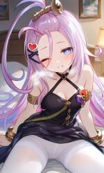 1boy 1girls ai_generated aino_(genshin_impact) blue blush body breasts breathing busty chin closed eye eyes face fetish foot footjob genshin_impact hair hand headdress heavy large long maid naughty on one pantyhose sexy twintails uniform