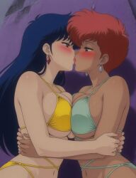 dirty_pair kei_(dirty_pair) yuri_(dirty_pair) anime two_women 2girls posing_for_the_viewer posing skimpy skimpy_clothes blue_hair blue_eyes red_hair brown_eyes jewelry earrings diamond_earrings revealing_clothes ai ai_art ai_generated kissing making_out