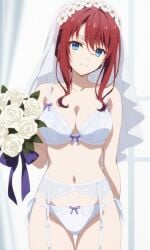 , ai_generated bikini blue_eyes flowers garter_belt ilia_coral red_hair wedding_veil