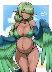 1girl absurdres artist_name asymmetrical_hair bikini blue_sky bow braid breasts choker cleavage commentary commission cowboy_shot dark-skinned_female dark_skin earrings english_commentary feathered_wings full_cleavage gluteal_fold green_bikini green_hair green_wings hair_bow harpy highres humanoid jewelry ko-fi_commission large_belly large_breasts light_blush long_hair mole mole_under_eye monster_girl navel o-ring o-ring_bikini one_eye_closed original parted_bangs pendant pendant_choker pointy_ears pregnant rotomdocs sideboob signature single_braid single_earring sky smile standing stomach swimsuit very_long_hair winged_arms wings