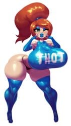 1girls big_ass big_breasts bimbo blue_eyeshadow blue_lipstick blue_nails elbow_gloves eyeshadow female fingerless_gloves heart-shaped_pupils high_heels huge_breasts latex lipstick makeup noonun ponytail red_hair redhead tagme tank_top thigh_boots wide_hips wink