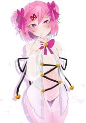1girl aegyo_sal arm_behind_back babydoll bare_shoulders black_panties black_ribbon blush bob_cut bow bowtie brooch closed_eyes colored_shadow commentary cowboy_shot doki_doki_literature_club drop_shadow embarrassed english_commentary exspiravitbag eyelashes fang hair_between_eyes hair_bow hair_ribbon hand_to_own_mouth hand_up head_tilt heart heart_brooch highres jewelry lace-up_top light_frown lingerie looking_at_viewer midriff natsuki_(doki_doki_literature_club) no_bra panties pink_bow pink_bowtie pink_eyes pink_hair pink_ribbon raised_eyebrows ribbon shadow short_hair skin_fang sleeveless slit_pupils solo spread_fingers standing swept_bangs triangle two_side_up underwear white_babydoll white_background wide_hips