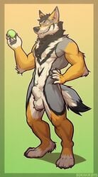 4_toes 5_fingers abs animal_genitalia anthro arm_tuft ball ball_tuft balls biceps biped body_hair canid canine canis cheek_tuft chest_hair chest_tuft claws coyote elbow_tufts eyebrows facial_tuft fangs fingers fully_sheathed fur genitals grin handpaw head_tuft holding_object male male_only mammal multicolored_body multicolored_fur muscular muscular_male neck_tuft nude paws pecs pubes raised_eyebrow sheath simple_background smile solo sorakirbys teeth tennis_ball toe_claws toes tuft