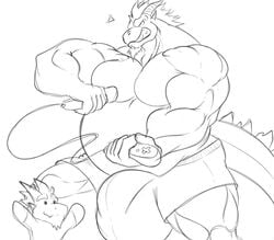 beard big_bulge boxers_(clothing) bulge chibi clothing controller dragon duo facial_hair game_controller goatee grin holding_object horn huge_bulge hyper hyper_bulge laggio male male_only monochrome musclegut muscular nintendo nintendo_controller playing raised_arm sachiel_666 size_difference sketch smile underwear video_games wii wii_remote