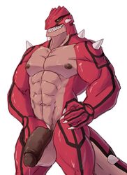 abs absurd_res anthro anthrofied balls bara blush bodily_fluids brown_nipples claws dripping flaccid genital_fluids genitals ghangaji grin groudon hand_on_hip hi_res holding_penis humanoid_genitalia humanoid_penis legendary_pokémon male male_only muscular muscular_male nintendo nipples nude pecs penis pokémon_(species) pokémorph pokemon precum precum_drip red_body sharp_teeth simple_background smile solo spikes teeth vein video_games white_background white_claws yellow_sclera