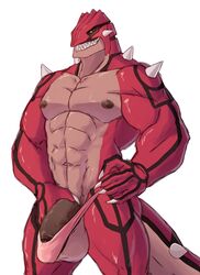 abs absurd_res anthro anthrofied balls bara barely_contained blush brown_nipples bulge claws clothed clothing flaccid genitals ghangaji grin groudon hand_on_hip hi_res holding_penis humanoid_genitalia humanoid_penis legendary_pokémon male male_only muscular muscular_male nintendo nipples pecs penis pink_clothing pink_underwear pokémon_(species) pokémorph pokemon red_body sharp_teeth simple_background smile solo spikes teeth topless underwear vein video_games white_background white_claws yellow_sclera