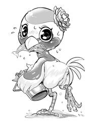 4_toes accessory animal_crossing anisodactyl anus avian beak bird blush bodily_fluids body_in_mouth bucket crane_(bird) eating eyelashes feathered_wings feathers female flower flower_in_hair flying_sweatdrops genitals gladys_(animal_crossing) glistening glistening_eyes greyscale gruiform grus_(genus) hair hair_accessory hi_res holding_bucket holding_object looking_at_viewer looking_back monochrome nintendo nude on_one_leg plant pussy red-crowned_crane simple_background solo standing sweat sweatdrop tail_feathers toes uyu video_games water_drop white_background wings