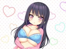 big_breasts blue_bra blush long_hair pink_eyes shuz_(dodidu)