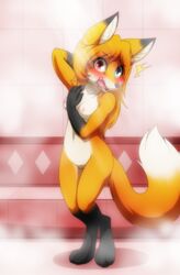 2020 amber_(mancoin) anthro barely_visible_genitalia barely_visible_pussy bathroom black_body black_fur black_nose blush breasts canid canine caught darkmirage digital_media_(artwork) embarrassed exposed female female_only fingers fox foxyverse fur genitals hair heterochromia hi_res long_hair looking_at_viewer mammal navel nipples nude open_mouth orange_body orange_fur pussy shower small_breasts solo standing walked_in_on white_body white_fur