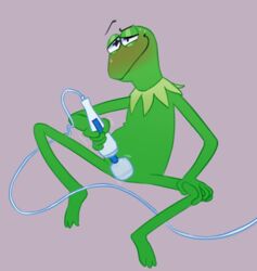 2020 amphibian anthro blush bodily_fluids featureless_crotch frog green_body green_skin hitachi_magic_wand kermit_the_frog looking_pleasured male male_only muppets narrowed_eyes null sex_toy simple_background smile solo sweat toony ubernerdmaster vibrator what