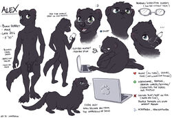 2020 4_toes 5_fingers anthro balls computer digital_media_(artwork) domestic_ferret english_text eyewear feral fingers genitals glasses green_eyes humanoid_genitalia humanoid_penis laptop male mammal model_sheet mustela mustelid musteline nude penis smile solo text toes unimpressive_(artist)