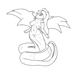 armwear clothing curvy_figure fangs female genitals hair hi_res jecca_qua monochrome naga nipples nude ponytail presenting pussy reptile scalie serpentine slit_pupils snake solo taur tongue tongue_out unknown_artist wings