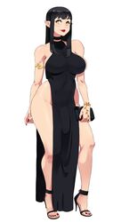 1futa big_breasts black_dress black_hair breasts bulge choker dress elf eyelashes eyeliner full_body futa futa_only futanari heels hi_res high_heels illboxart lipstick long_hair long_legs makeup nail_polish pale-skinned_futanari pointy_ears red_lipstick red_nails sideboob smile solo standing wide_hips yellow_eyes