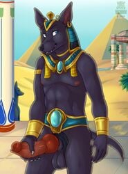 animal_genitalia animal_penis anthro anubis balls big_penis canid canine canine_penis canis clothing deity egyptian egyptian_clothing egyptian_mythology erection genitals hi_res jackal knot male male_only mammal middle_eastern_mythology mythology penis shadowpelt solo